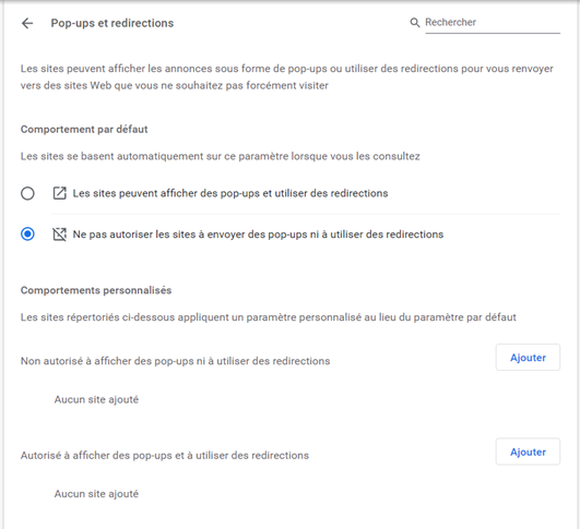 Ne pas autoriser les sites à envoyer des pop-ups ou à utiliser l'option de redirection sélectionnée,
              ajouter un bouton sous autorisé à envoyer des pop-ups et à utiliser des redirections
              est mis en évidence